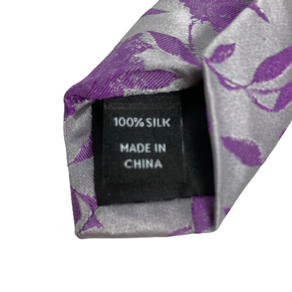 Paul Fredrick Tie Mens Purple Gray Floral 100% Silk Pointed Classic Tie - Picture 4 of 7
